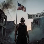 Black-clad figure standing in ruined Colombian cityscape with smoke and American flag behind.
