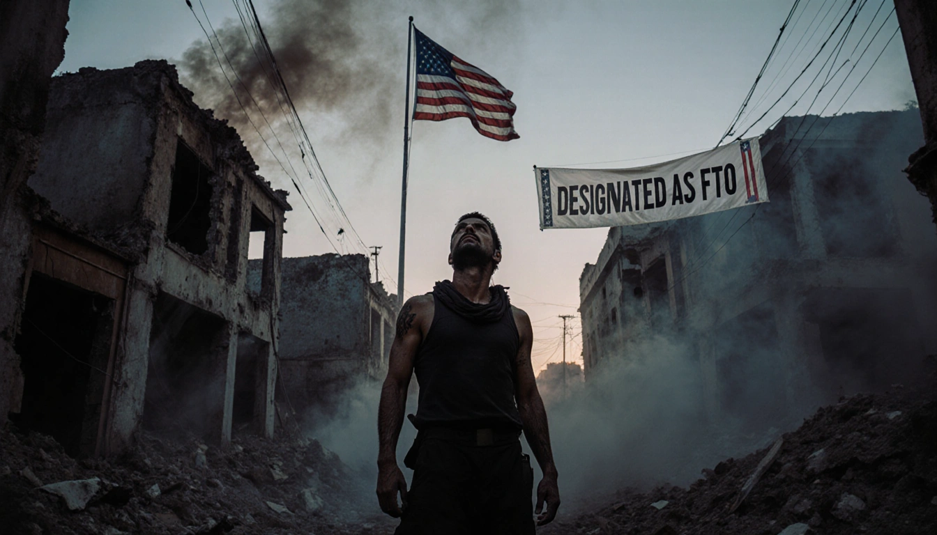Black-clad figure standing in ruined Colombian cityscape with smoke and American flag behind.