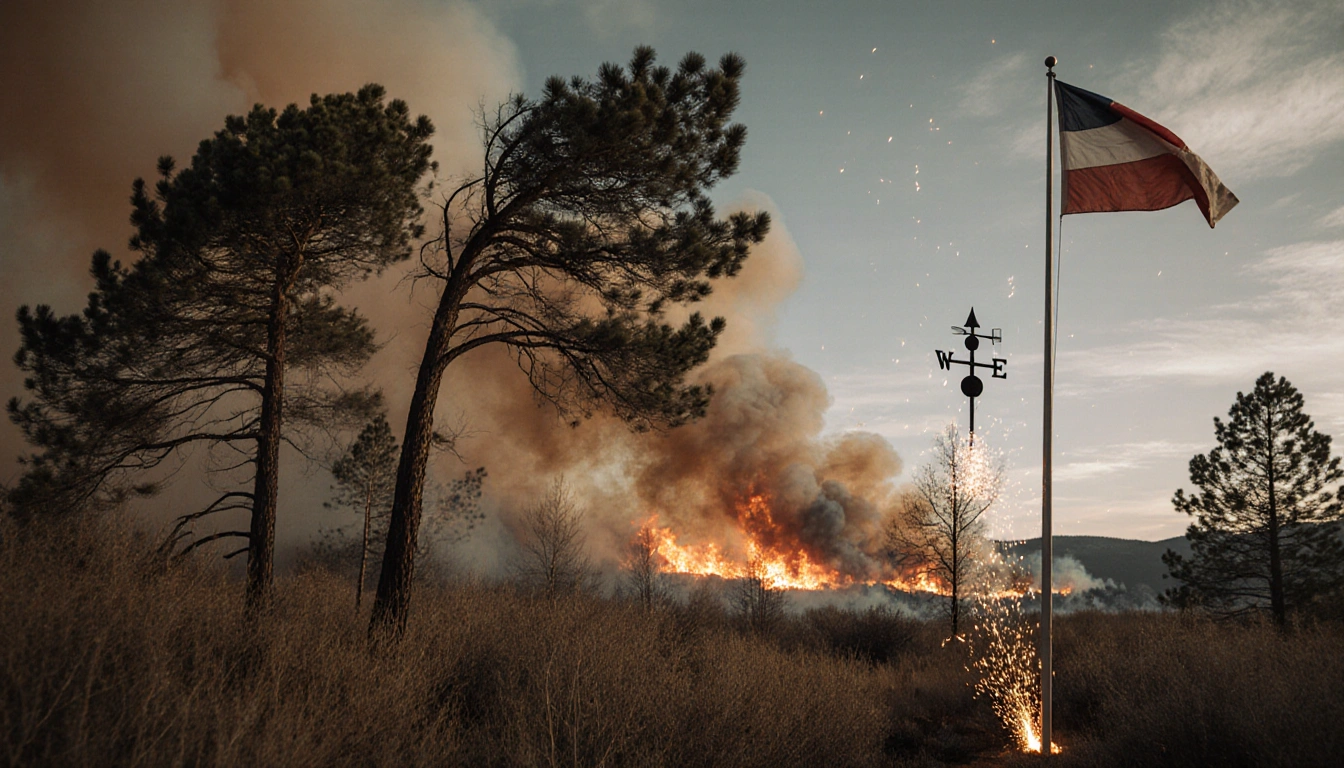 Swaying trees with broken branches and sparks from a toppled weather vane near a Colorado Front Range wildfire