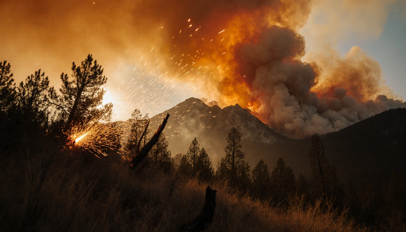 Wildfire spreads across charred trees with smoky plume against fiery mountain sky