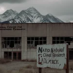 Abandoned NCAR facility looming over Colorado Rockies with shattered windows and open doors symbolizing climate denial