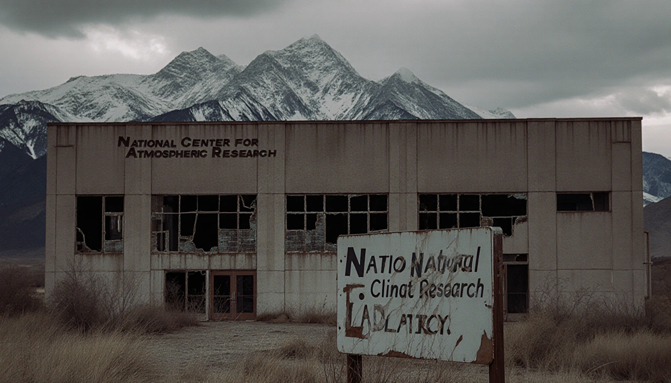Abandoned NCAR facility looming over Colorado Rockies with shattered windows and open doors symbolizing climate denial