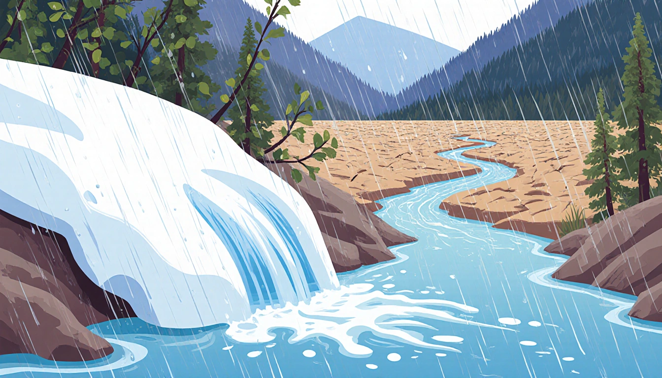 Snowpack melting with swift water flow down slope and raindrops on leaves stressing Colorado drought and rain-runoff.