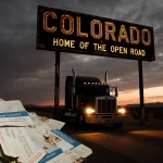 Sign displaying faded Colorado message with truck silhouette and scattered licenses.