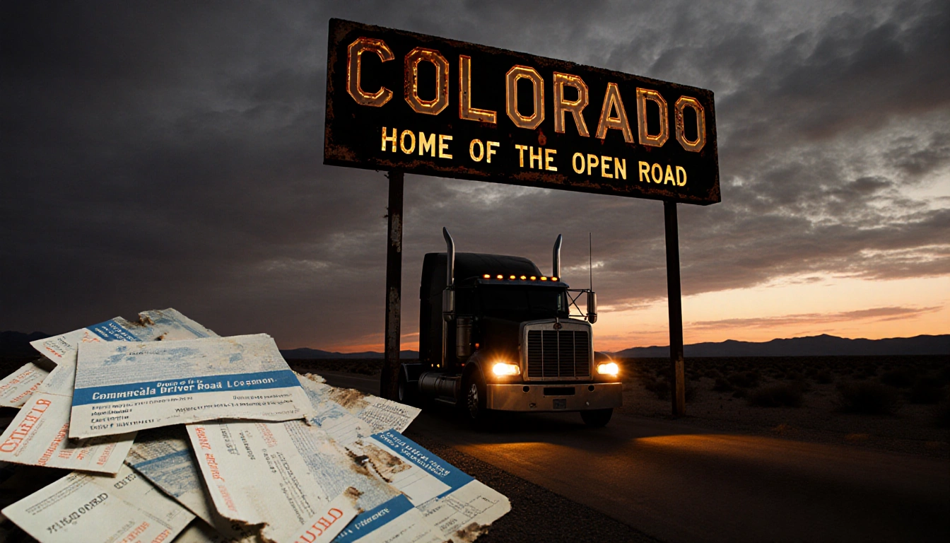 Sign displaying faded Colorado message with truck silhouette and scattered licenses.