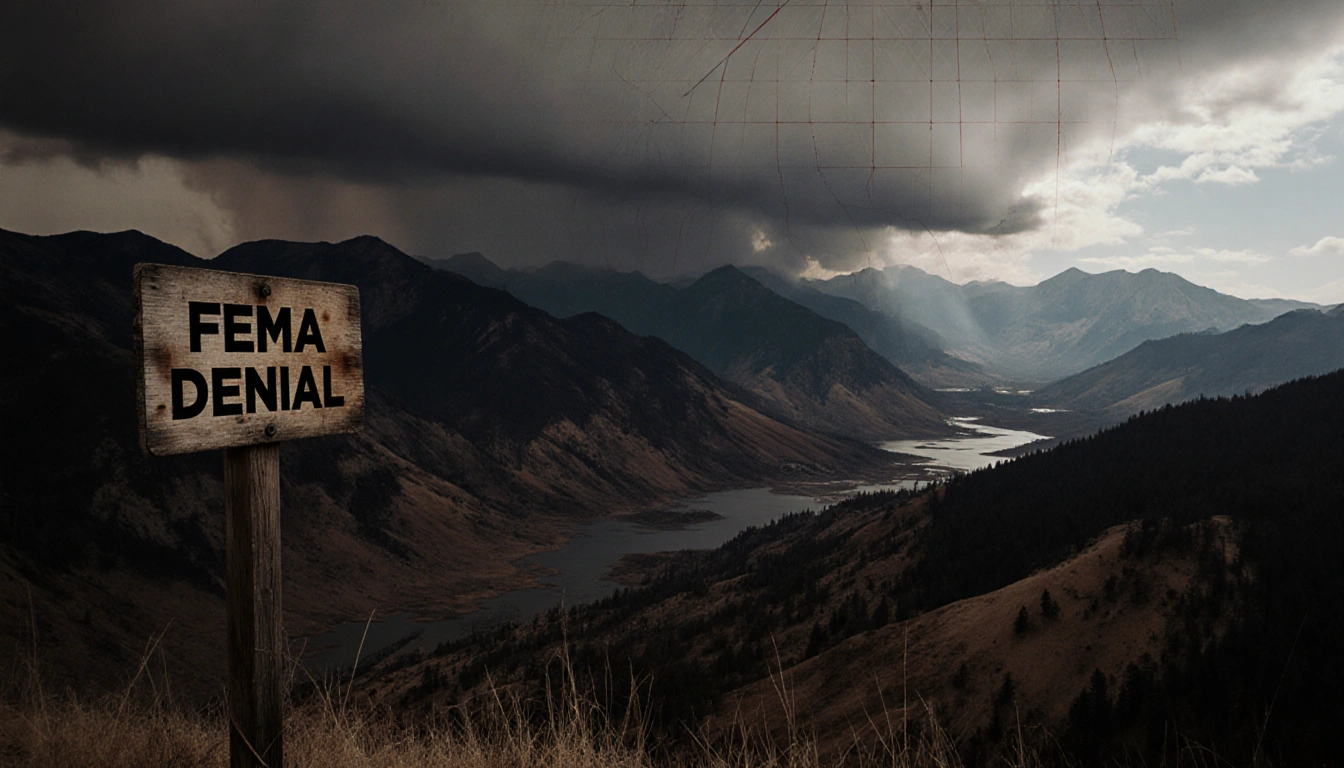 Cracked wooden sign creaks in wind with FEMA denial and wildfire scars and looming storm cloud