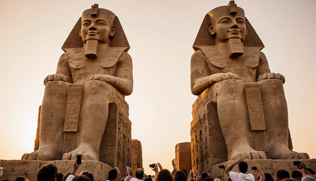 Colossi of Memnon standing with stone feet and golden sunset background and crowd of excited visitors with cameras