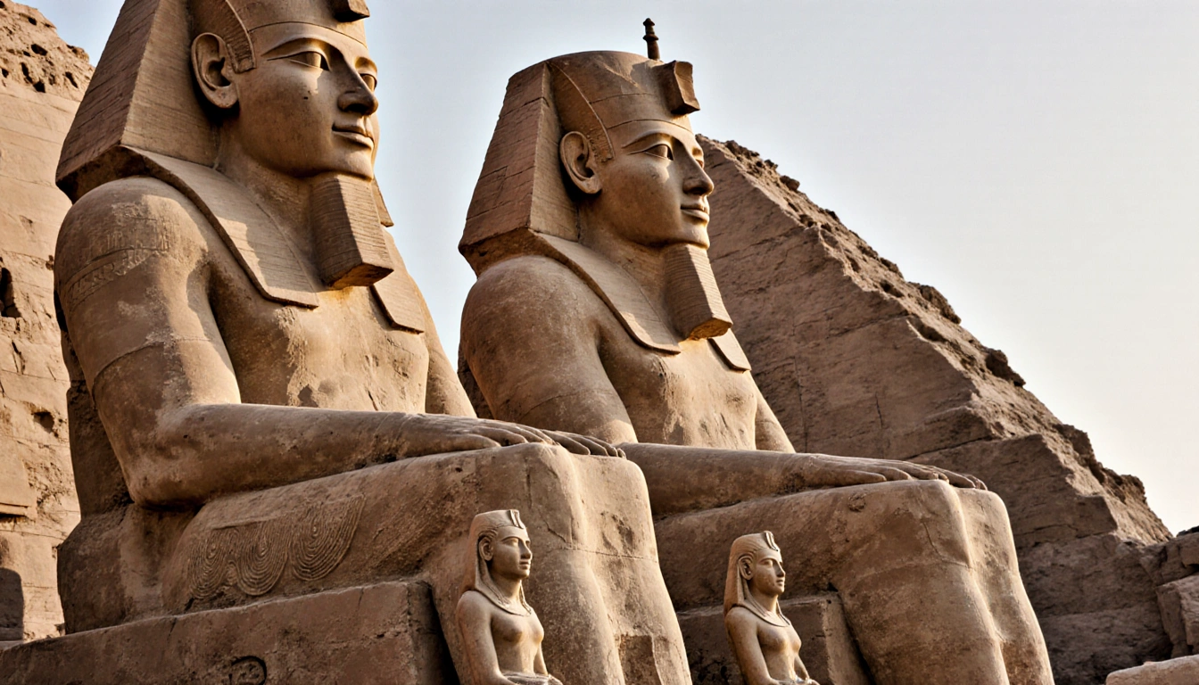 Pharaoh Amenhotep III seated with hands on thighs and face turned east under warm sunlight revealing Egyptian statue details