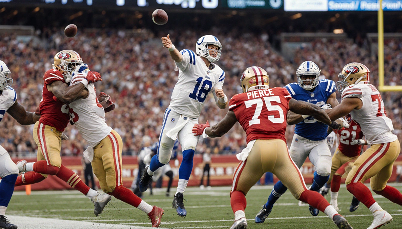Philip Rivers throws a pass midair with 49ers receivers surrounding him and a ball bouncing away from the Colts' end zone