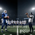 Philip Rivers holds football before Colts practice squad while silhouette of Anthony Richardson throws under coach in stadium