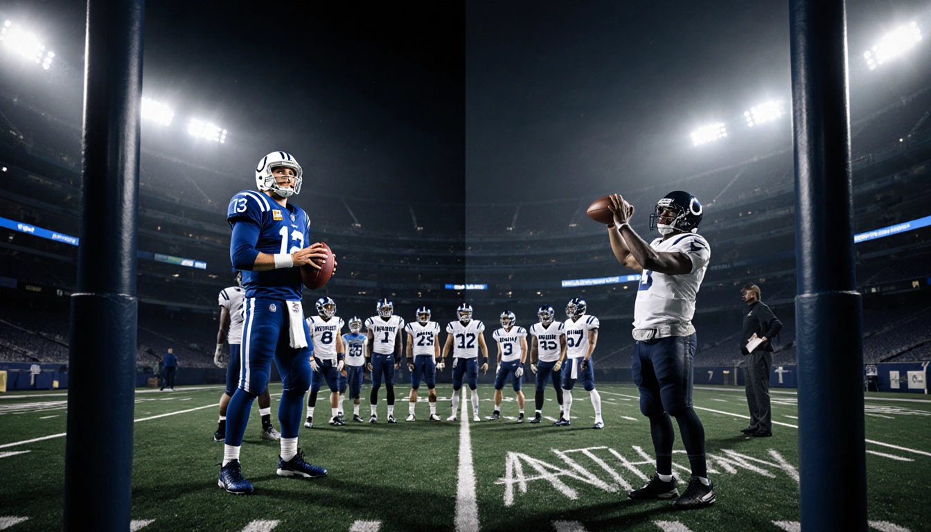Philip Rivers holds football before Colts practice squad while silhouette of Anthony Richardson throws under coach in stadium