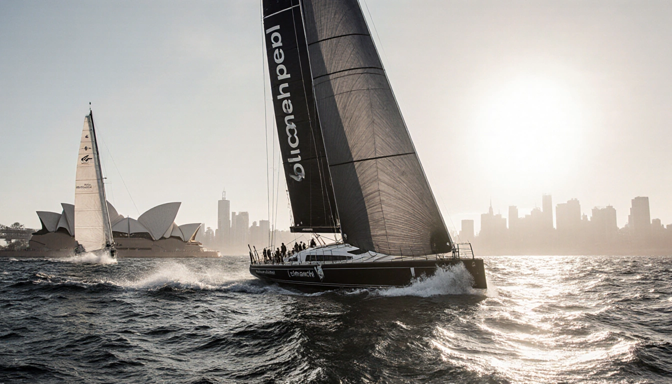 Yacht Comanche sails ahead of LawConnect across Bass Strait with sunrise over Sydney skyline and waves crashing around.