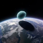 Icy comet glows with sunlight against black space and a bright blue-green Earth in the foreground