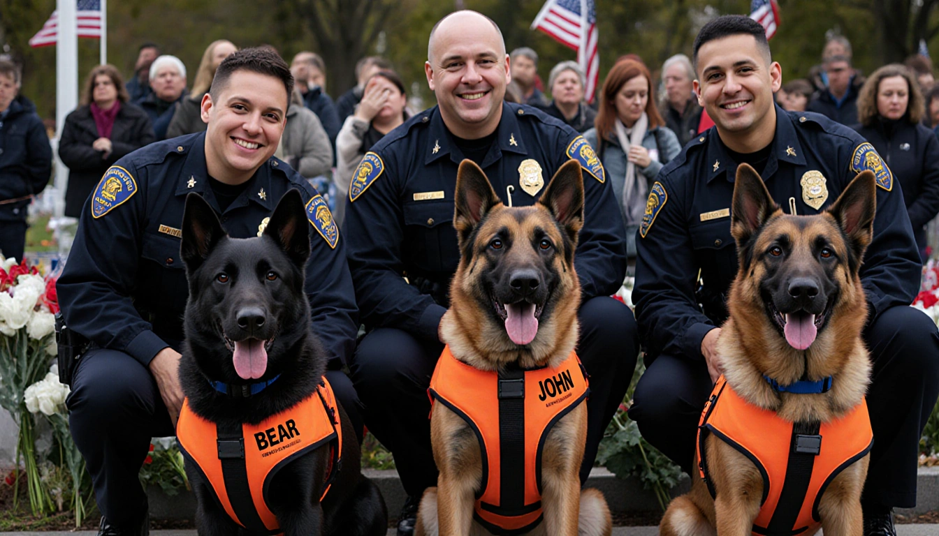 Three comfort dogs sit before a memorial with handlers and smiling officers and tearful crowds radiating calm hope.