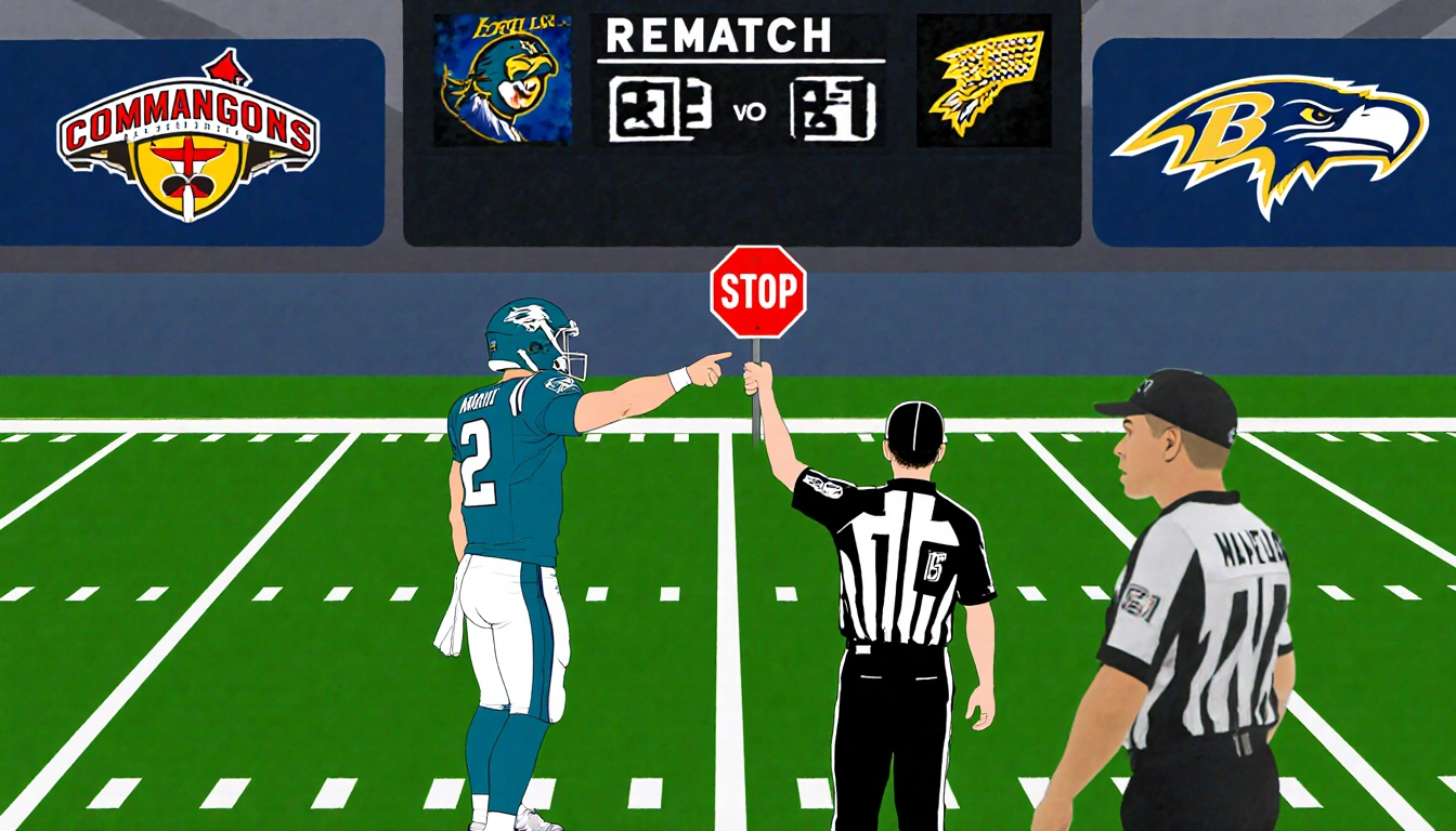 Referee holding a stop sign with Commanders and Eagles logos on football field and scoreboard with 29-21
