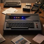 Commodore 64 Ultimate sits on a wooden desk with its cassette slot visible and glowing LED lights on the retro case