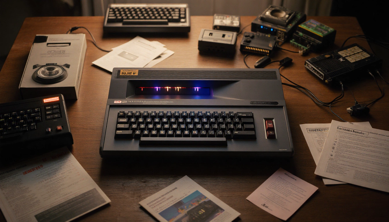 Commodore 64 Ultimate sits on a wooden desk with its cassette slot visible and glowing LED lights on the retro case