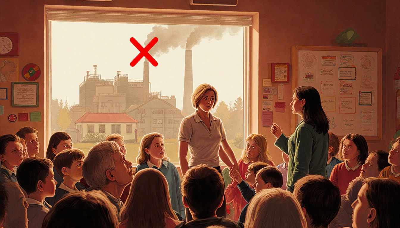 Éva Kozma addressing residents in a community center with a red X over a smokestack and a kindergarten in the distance