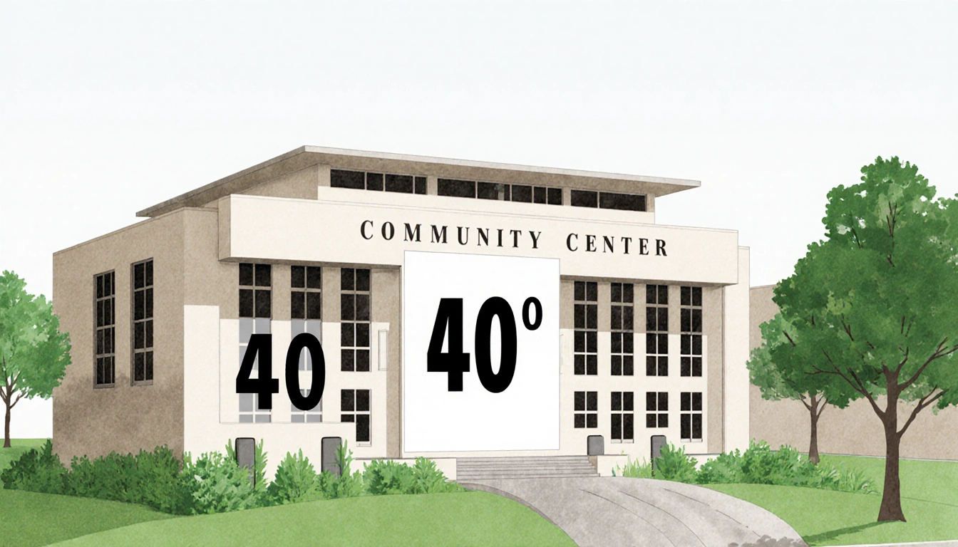 Community center building displays teacher housing 40-60 windows with lush greenery surrounding it near Lockhart ISD