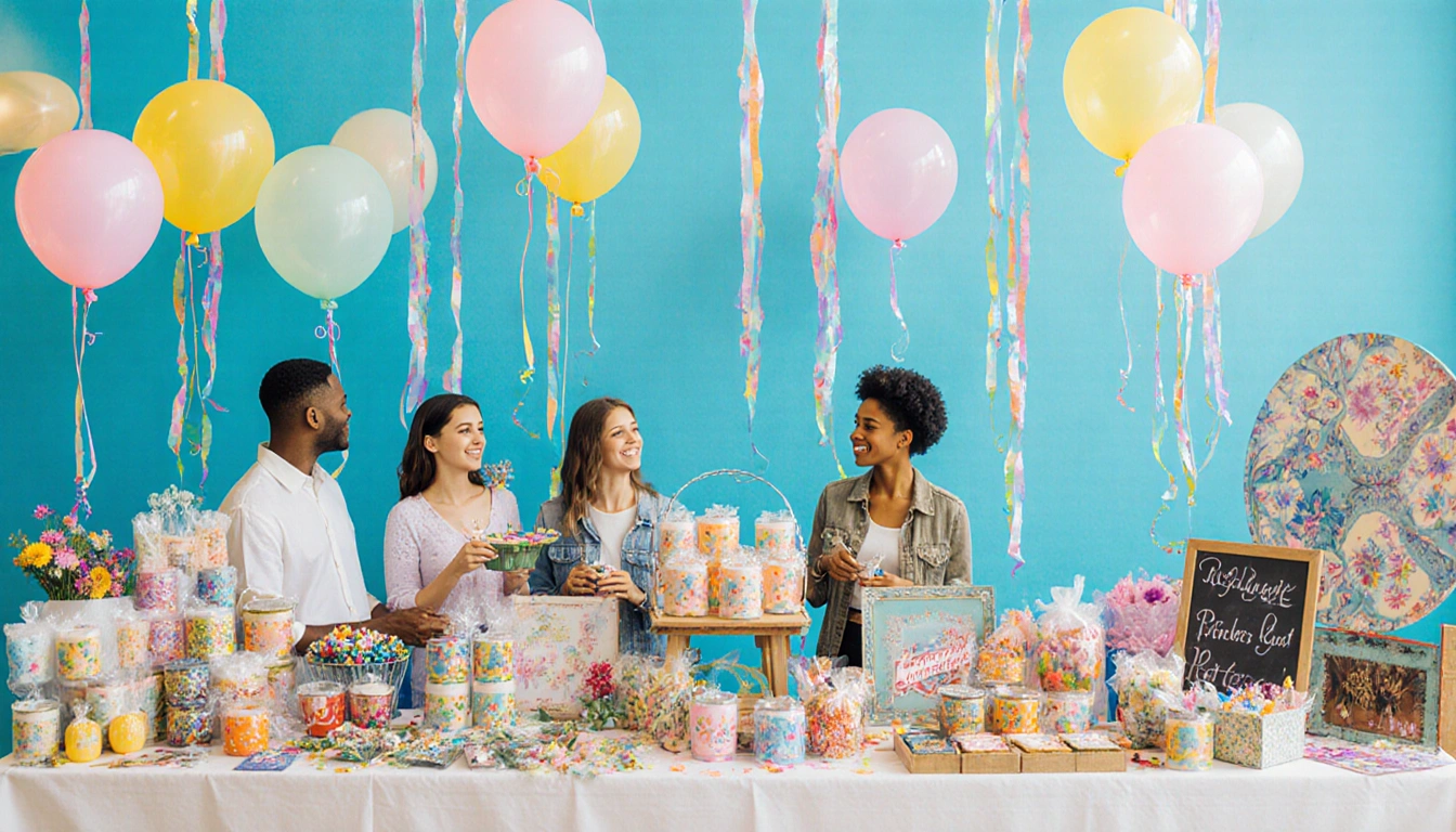 People exchanging gifts with pastel balloons and vintage market stalls at a lively community fair
