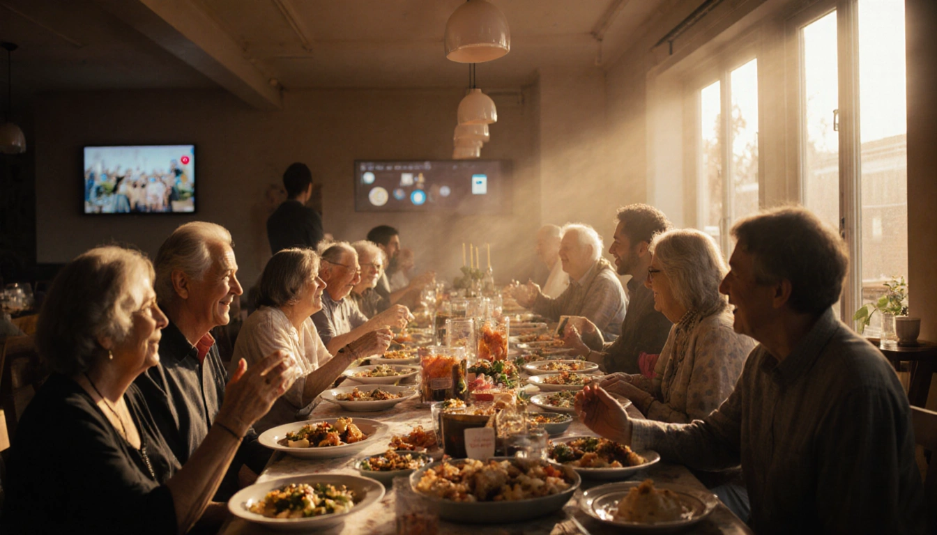 People sharing potluck dishes at a community gathering with warm natural light and subtle social media screens.