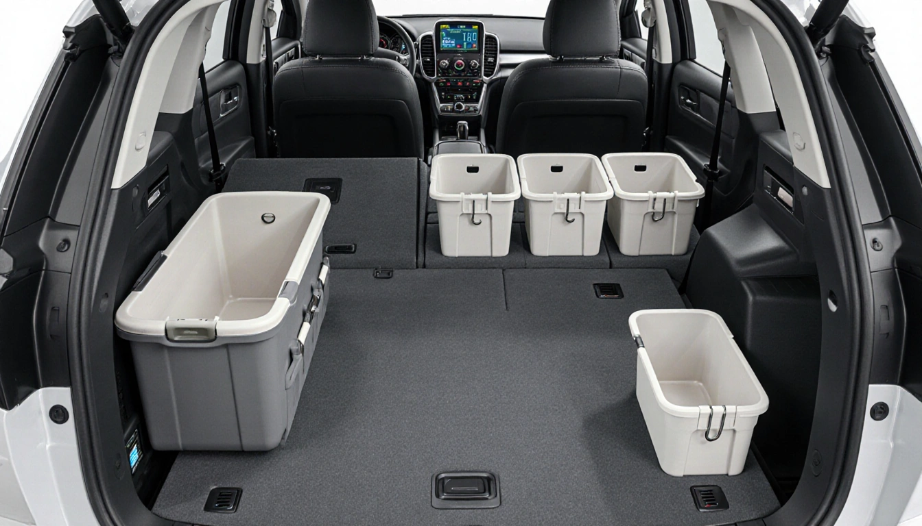 SUV interior layout shows cargo area with bins and hooks and displays metallic accents and fuel gauge indicating efficiency
