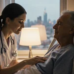 Nurse holding patient’s hand with gentle and soft golden hospital lights showing hope outside window