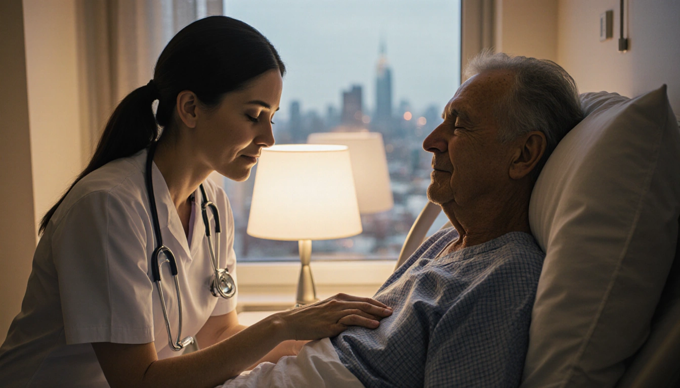Nurse holding patient’s hand with gentle and soft golden hospital lights showing hope outside window