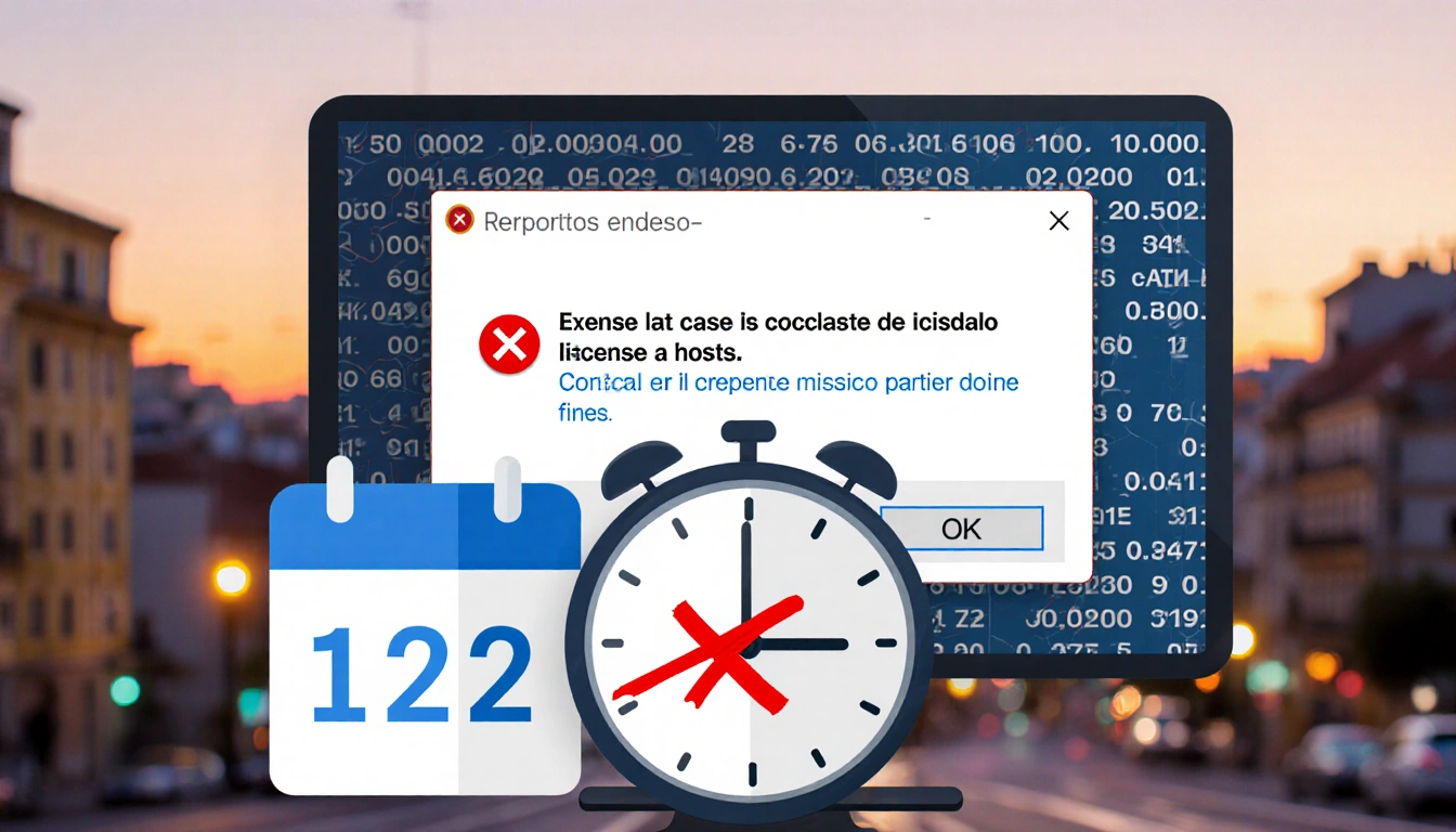 Computer screen shows Spanish error message with red X over mismatched license plate and calendar icon with backward clock