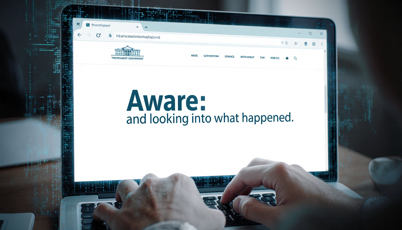 Hands hovering over keyboard typing with computer screen showing cryptic message on light background
