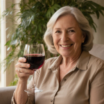 Woman smiles while holding glass of red wine with warm light and lush greenery in her home garden