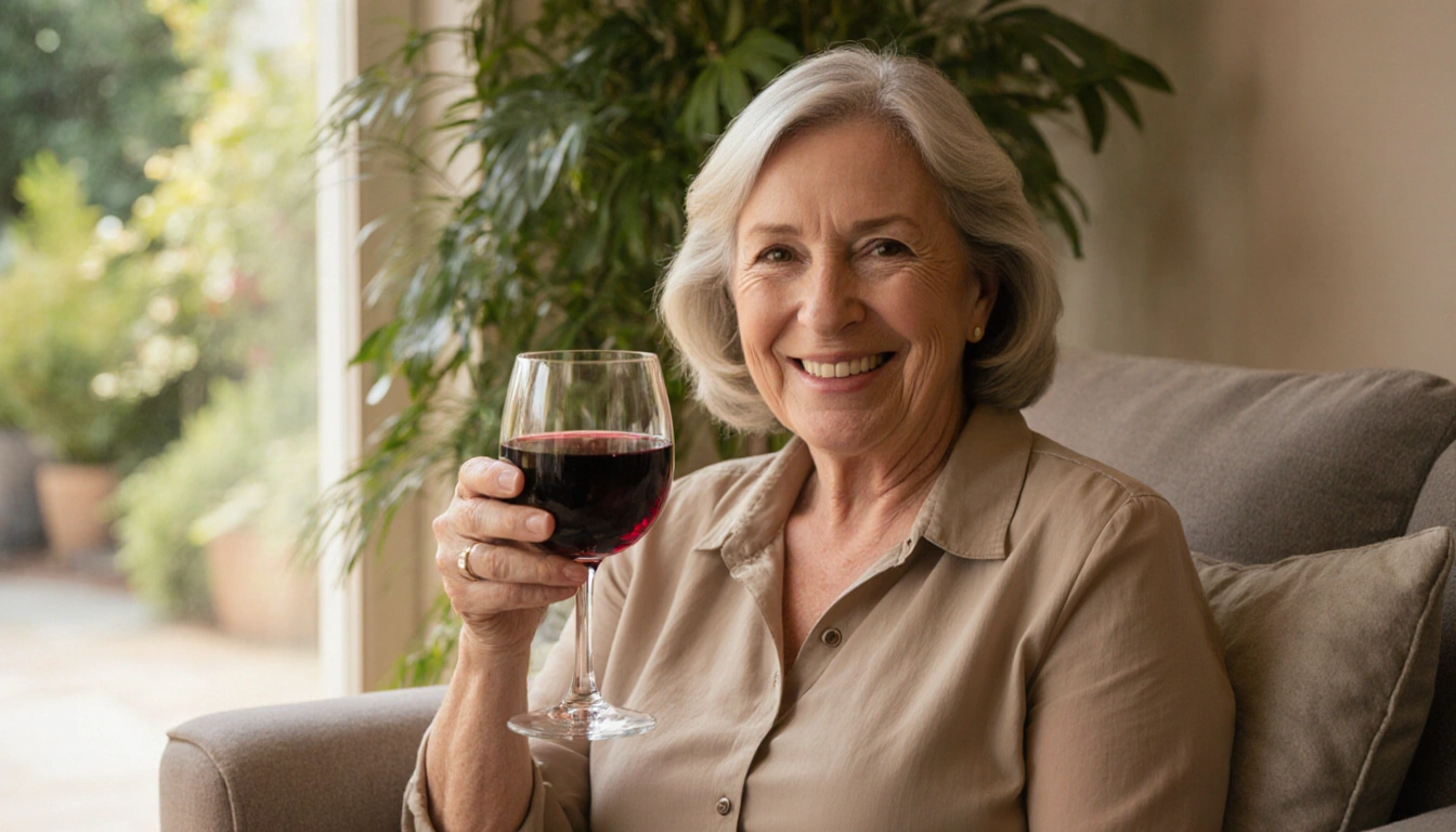 Woman smiles while holding glass of red wine with warm light and lush greenery in her home garden
