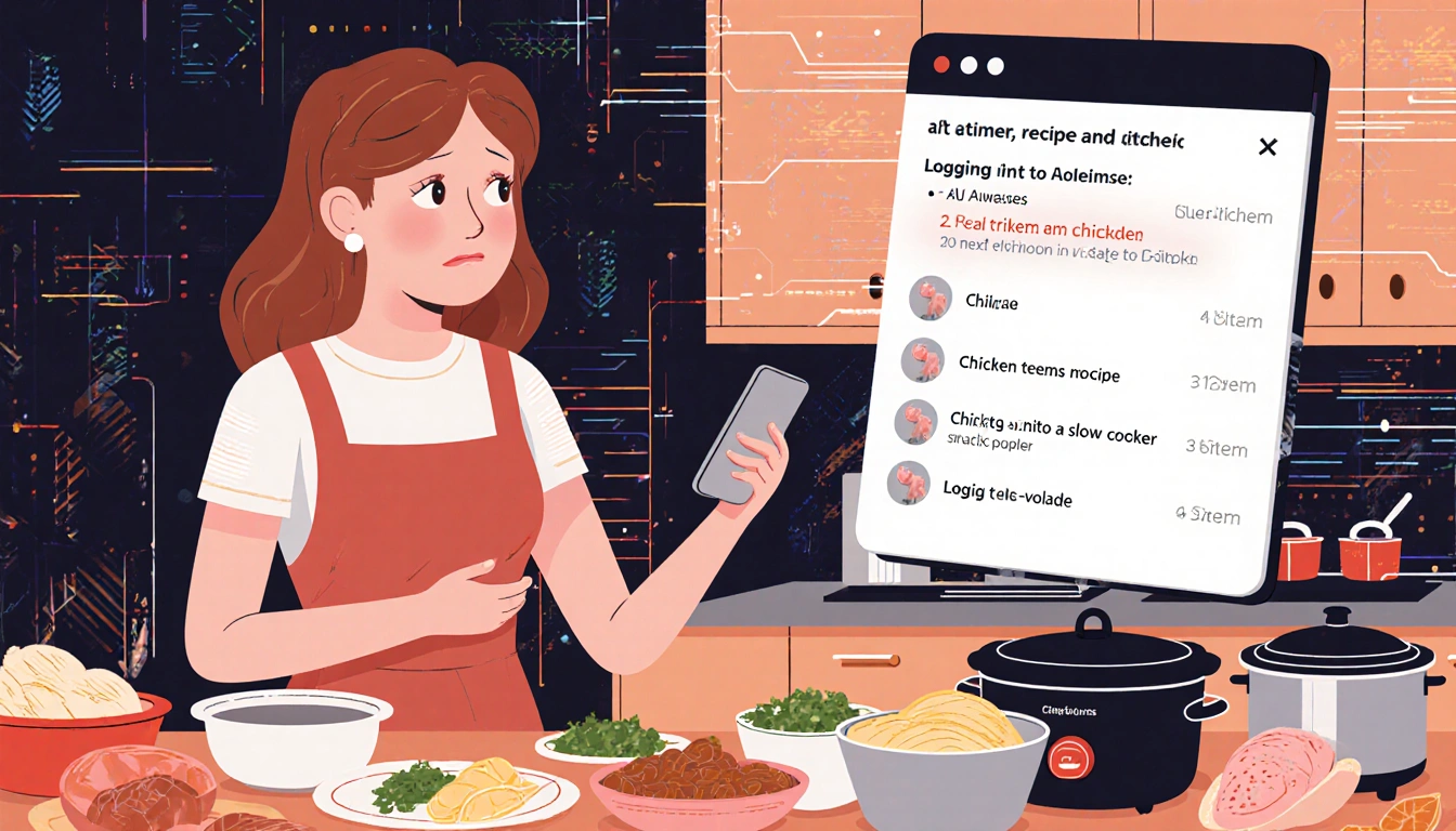 Half-human half AI avatar looks at phone with kitchen counter and glitchy digital patterns showing wrong AI recipe
