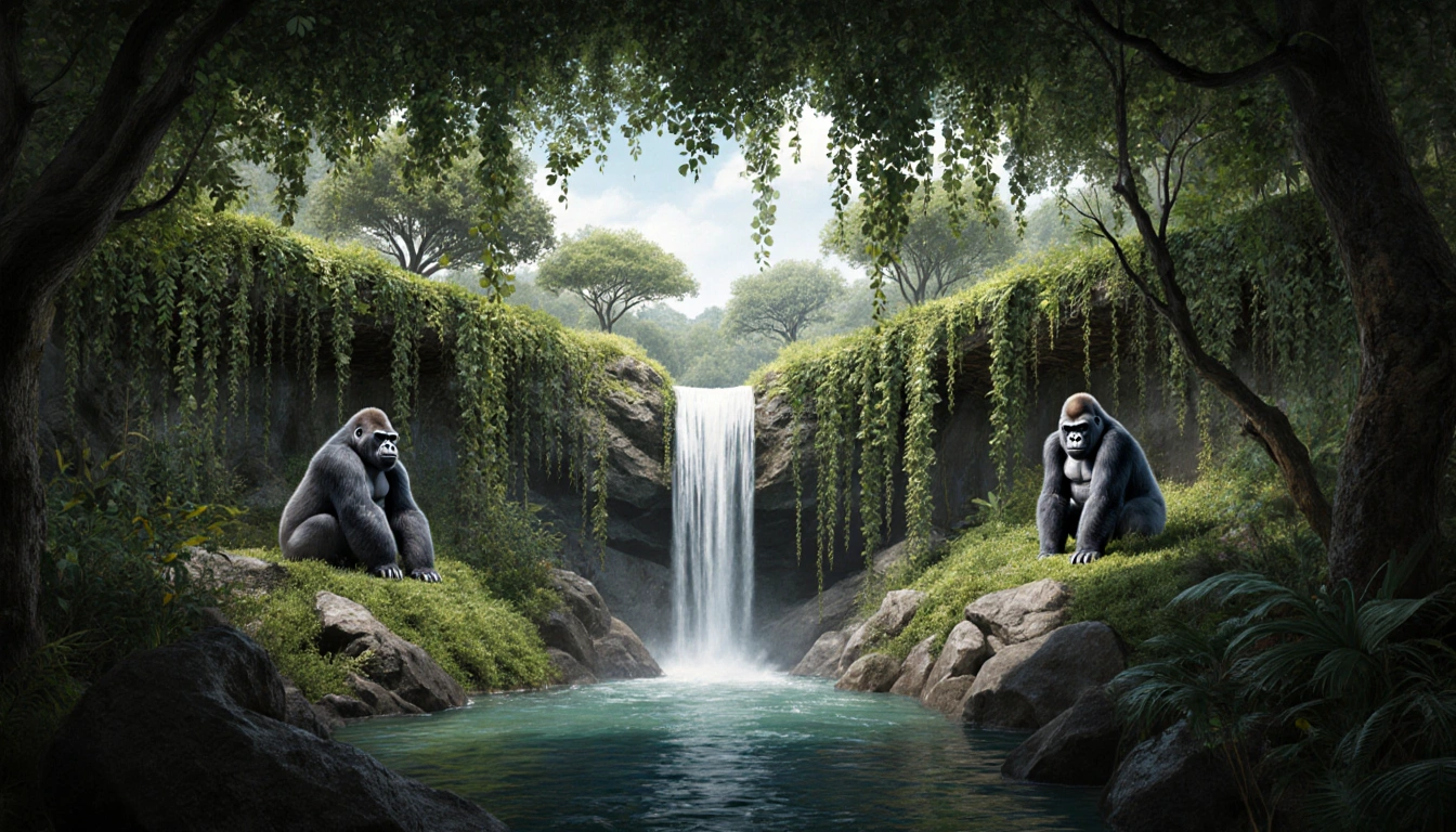 Gorillas roam near a cascading waterfall in a lush forest habitat with vines and rocks.