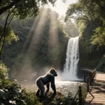 Western lowland gorilla standing at waterfall base with misty sunlight filtering through jungle canopy