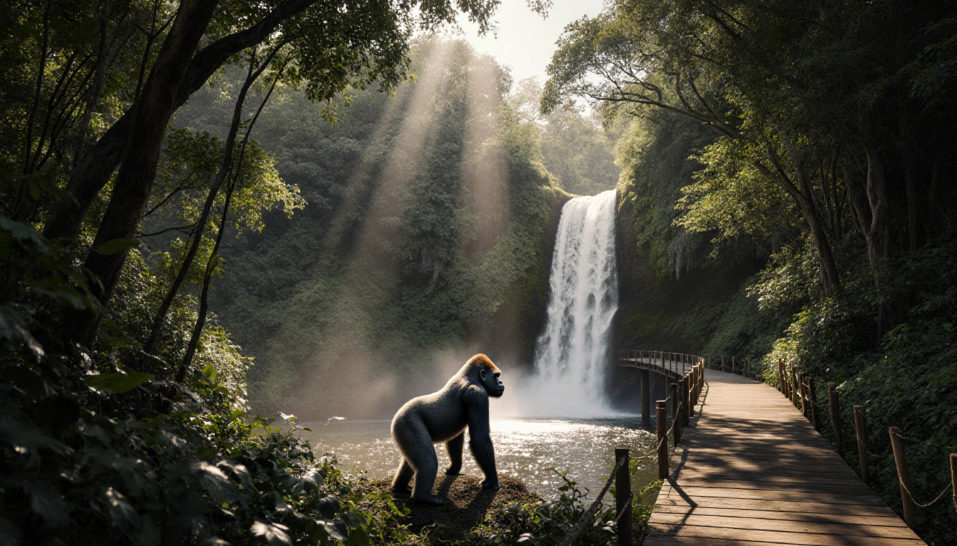 Western lowland gorilla standing at waterfall base with misty sunlight filtering through jungle canopy
