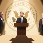 Senator addresses table with bipartisan lawmakers and faint ACA logo glow in Congress hall