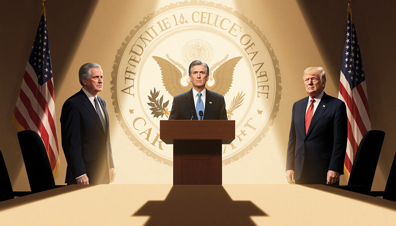 Senator addresses table with bipartisan lawmakers and faint ACA logo glow in Congress hall