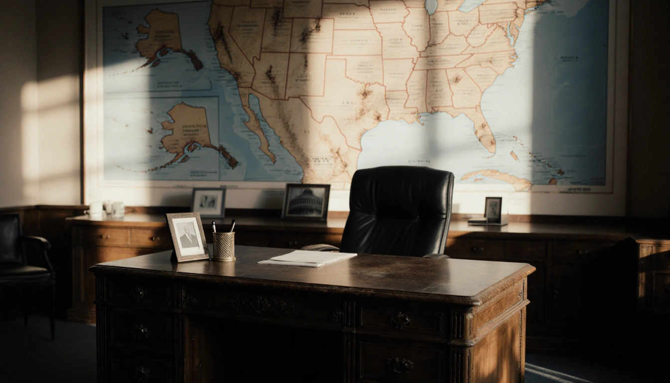 Chair pushed back as Congress member departs with desk and pen holder and photo and Capitol in muted background