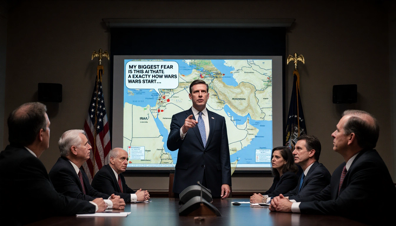 Representative Crow pointing at a screen with a map of Iraq and Afghanistan and a congressional meeting in a dimly lit room