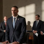 Rep. Brian Fitzpatrick addresses a largely empty House chamber with GOP leader in formal attire to his right, disinterested R