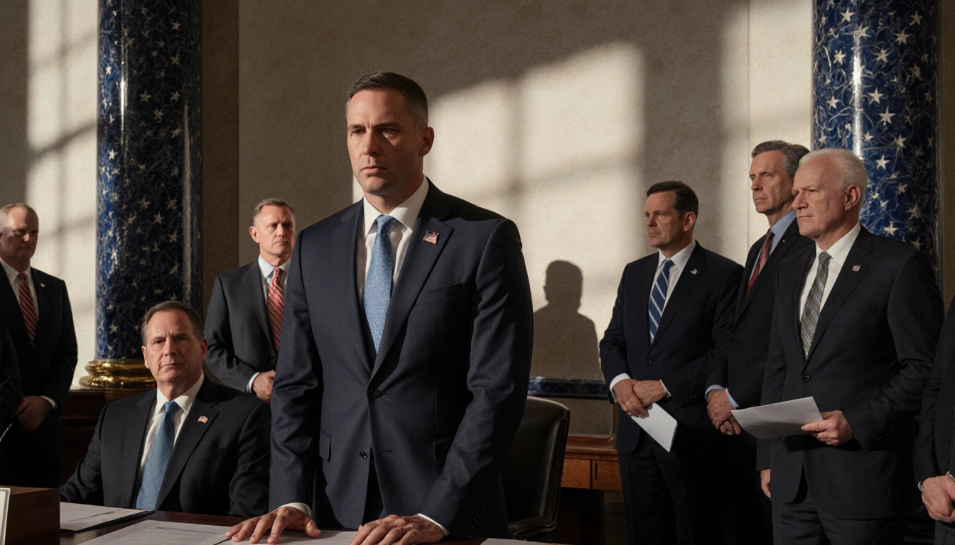 Rep. Brian Fitzpatrick addresses a largely empty House chamber with GOP leader in formal attire to his right, disinterested R