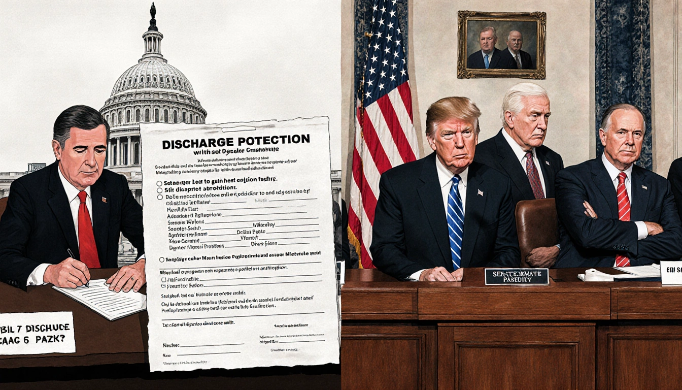 House member signs discharge petition with flag and documents while Senate senators look uncertain with podium.