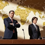 House Speaker standing with arms crossed near a wooden table with a Venezuelan map showing border tension