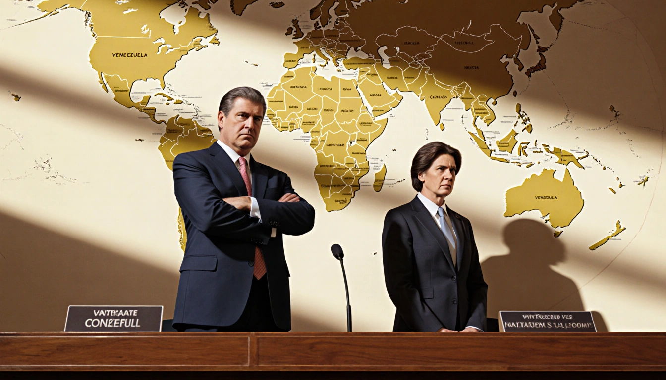 House Speaker standing with arms crossed near a wooden table with a Venezuelan map showing border tension