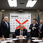 Lawmakers cluster around a table under fluorescent lights with the Senate Majority Leader at the head and a red X calendar co