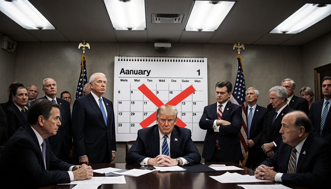 Lawmakers cluster around a table under fluorescent lights with the Senate Majority Leader at the head and a red X calendar co