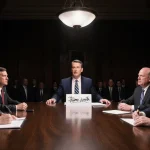 Jack Smith addressing lawmakers with a notepad near the dimly lit wooden table in a closed‑door hearing.