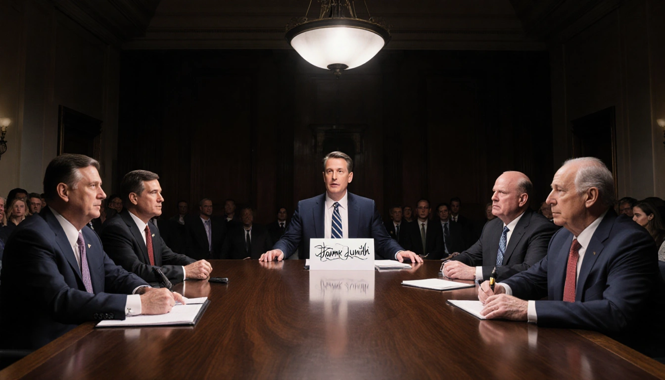 Jack Smith addressing lawmakers with a notepad near the dimly lit wooden table in a closed‑door hearing.