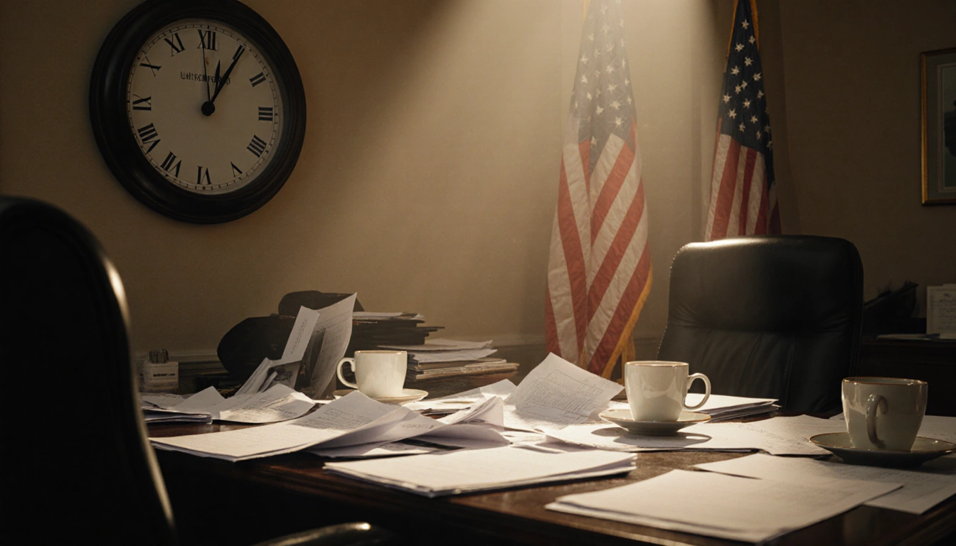 Cluttered congressional desk scattered with papers and coffee cups with a 11:59 clock and a fading flag.